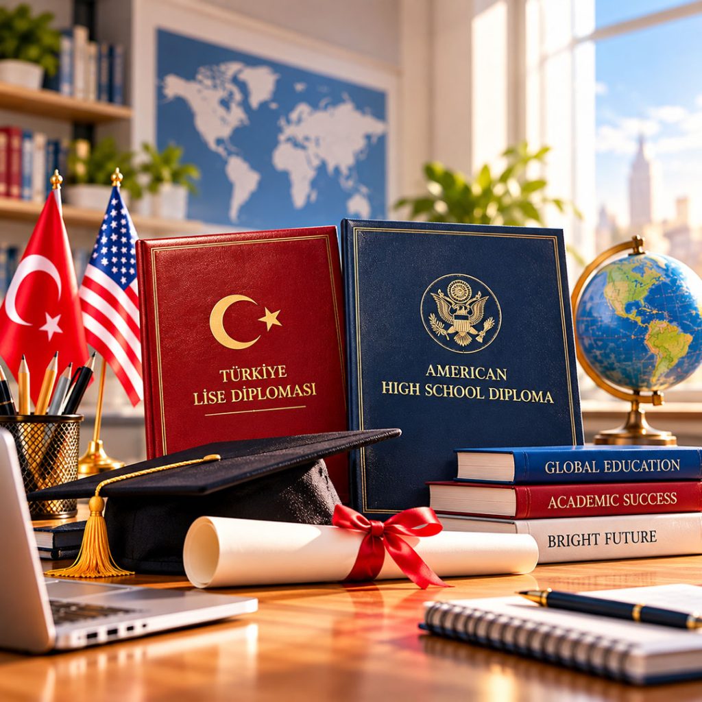 Türk ve Amerikan lise diplomasını temsil eden çift diploma görseli